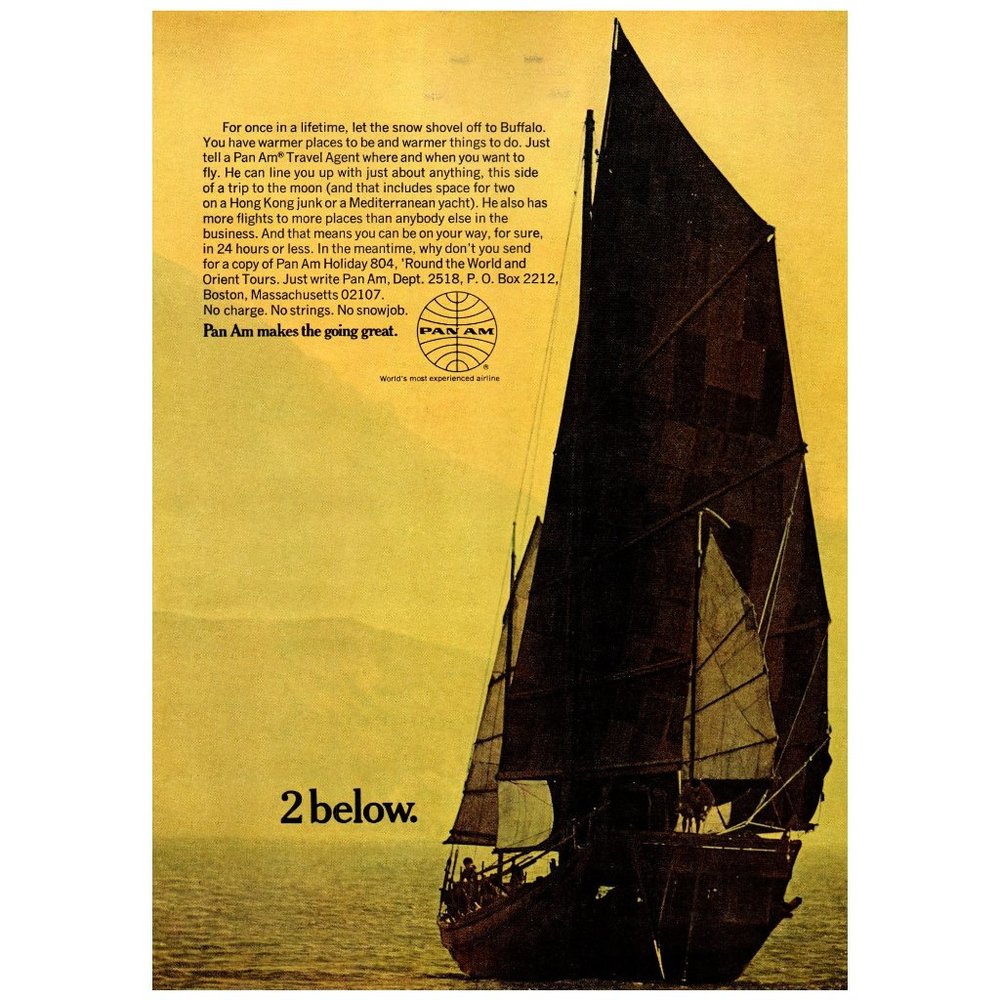 1969 Pan-Am Airlines Color Vintage Print Ad 2 Below Hong Kong Junk Mediterranean